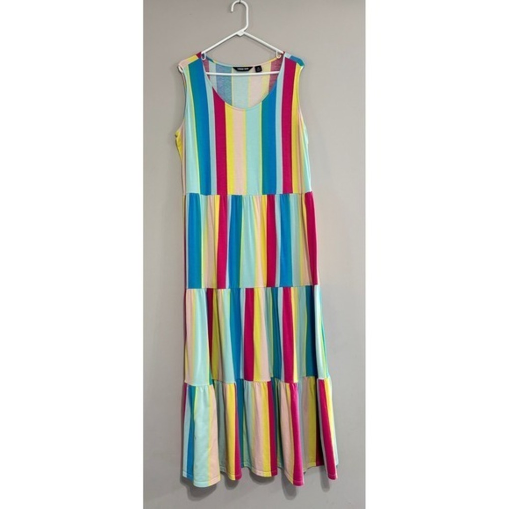 Lands End Sleeveless Tiered Maxi Dress Rainbow Vertical Stripe Jersey 1X 16W-18W